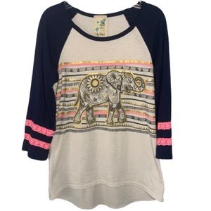 Lily Bleu Elephant Print Striped Sleeve Tee